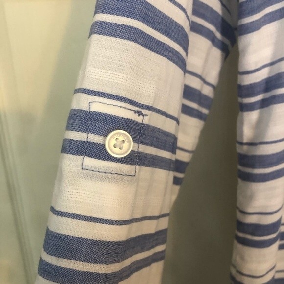TOMMY HILFIGER Medium Blue White Striped Popover Shirt Roll Tab 3/4 Sleeves - Picture 2 of 7